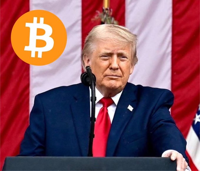 A Bitcoin logo is superimposed over a picture of Donald Trump speaking at a podium, referencing the accompanying post about his remarks on Bitcoin and its impact on the US dollar.