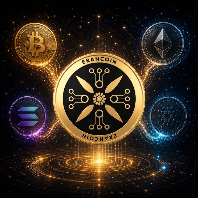 A digital artwork displaying various cryptocurrency coins against a starry background, with a central golden coin labeled 'ERANCOIN' surrounded by Bitcoin, Ethereum, Solana, and Cardano coins.