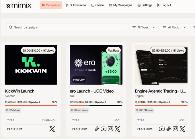A screenshot of the 'mimix' website's Campaigns page displaying three campaigns: 'KickWin Launch' ($1.00-$10.00/1K Views, 99% paid out), 'ero Launch - UGC Video' ($5.00 Flat Rate, 34% paid out), and 'Engine Agentic Trading' ($3.50-$35.00/1K Views, 100% paid out).