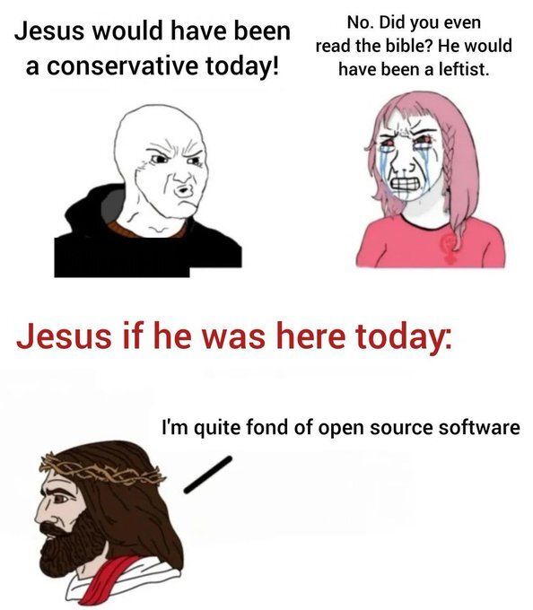 A Wojak-style meme featuring two characters debating whether Jesus would be conservative or leftist, with text reading 'Jesus would have been a conservative today!', 'No. Did you even read the bible? He would have been a leftist.', and 'Jesus if he was here today: I'm quite fond of open source software.'