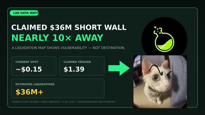 The image is a "Lab Data Watch" graphic showing a $36M short liquidation wall approximately 10× away from the current spot price of ~$0.15, with a claimed trigger zone at $1.39, paired with a skeptical cat meme suggesting doubt about the claim. It visualizes the post's data points, emphasizing the significant gap between the current price and the supposed liquidation trigger, while the cat implies the projection may be unrealistic.
