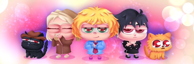 A group of five chibi-style anime characters including three figures resembling One Piece's Sanji and Zoro alongside a black cat and an orange cat against a pink sparkly background.
