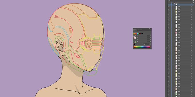 A digital illustration in progress shows a bald humanoid figure with colored sketch lines outlining a futuristic helmet, displayed within an art software interface featuring a layer panel and color picker on a purple background.