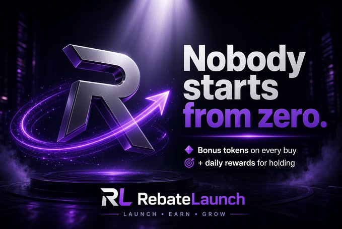 A promotional graphic for 'RebateLaunch' featuring a stylized metallic 'R' logo with a purple glowing arrow, set against a dark purple background with the tagline 'Nobody starts from zero' and bullet points for 'Bonus tokens on every buy' and '+ daily rewards for holding.'