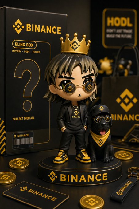 The image features a small figurine of a boy wearing sunglasses, holding a dog, and standing next to a box with "BINANCE" written on it. The background includes a black table with gold coins scattered around it, as well as other items such as a handbag and a keychain. The post appears to be promoting the Binance cryptocurrency or related products, possibly featuring a cartoon character from the cryptocurrency world.
