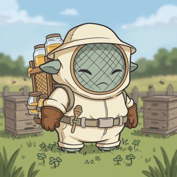 An illustration of a cute beekeeper character wearing a white protective suit and hat, carrying a wooden crate with honey jars, standing near beehives in a grassy field.