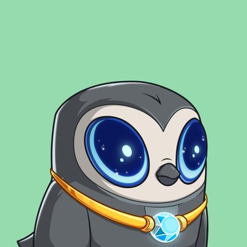 A cartoon illustration of a cute penguin character with large, sparkling blue eyes wearing a dark hood and a gold chain with a glowing blue gem pendant, set against a solid green background.