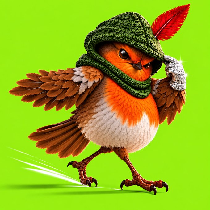 A digital illustration of a robin wearing a green knitted hat with a red feather, tipping its silver-jeweled wing to its head in a salute pose against a bright green background.
