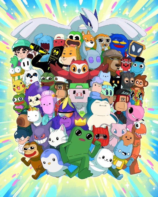 A vibrant cartoon illustration features a large group of meme and crypto mascots—including Pepe the Frog, Doge, Pikachu, Neko, and what appears to be a Discord logo—gathered together against a colorful starburst background. The "gm" (good morning) post fits perfectly with the cheerful, communal gathering of these beloved internet and crypto characters wishing viewers a good morning.