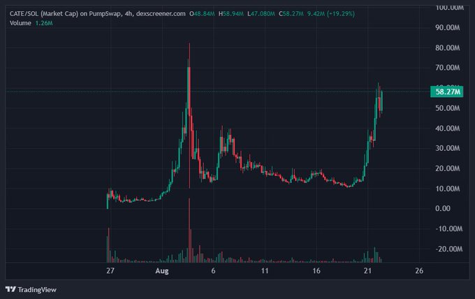 A TradingView candlestick chart showing CATE/SOL market cap on PumpSwap (4h timeframe) with a current value of 58.27M, showing a +19.29% change with high volatility including a major spike to ~80M and subsequent recovery.
