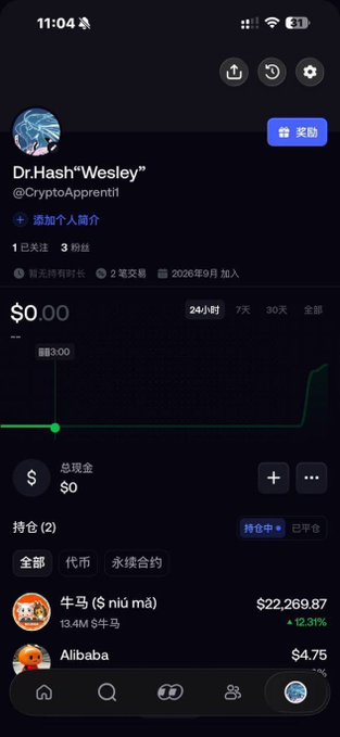 A mobile app screenshot showing a portfolio for 'Dr.Hash Wesley' (@CryptoApprent1) with a 24-hour chart, holding positions in '牛市 ($ niú mǎ)' worth $22,269.87 and 'Alibaba'.