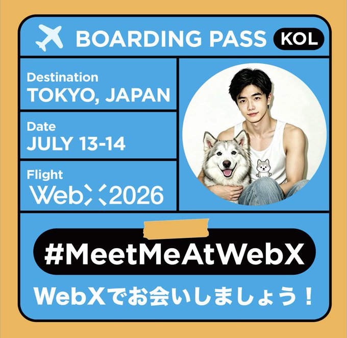A boarding pass graphic for a KOL traveling to Tokyo, Japan on July 13-14 for WebX 2026, featuring the hashtag #MeetMeAtWebX with the Japanese text 'WebXでお会いしましょう！'.