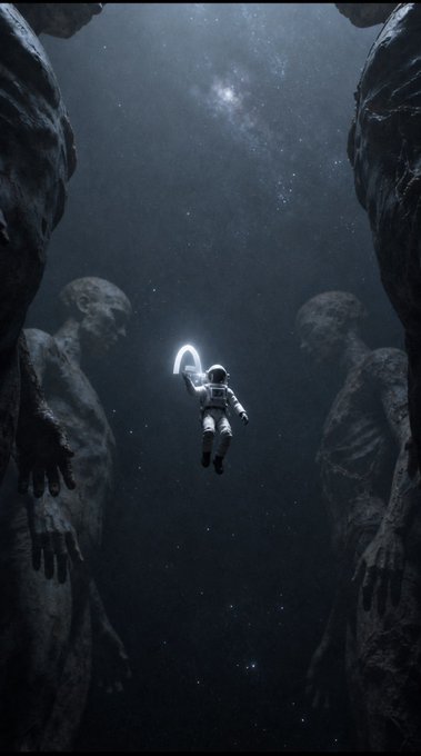 A digital artwork depicts a lone astronaut floating in a dark, cavernous space holding a glowing cane, surrounded by large, shadowy humanoid statues with their hands visible against a starry background.