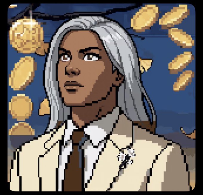 Pixel art of a character with long white hair and dark skin wearing a white collared shirt and tie, surrounded by floating gold coins.