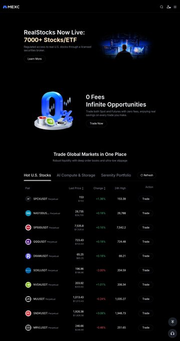 A screenshot of the MEXC cryptocurrency exchange website, advertising 'RealStocks Now Live: 7000+ Stocks/ETF' and '0 Fees Infinite Opportunities', with a list of hot U.S. stocks like BTCUSD, MATIC, and SPX500.
