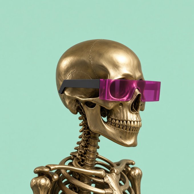 A 3D rendered golden skeleton bust wearing futuristic magenta and black sunglasses against a solid mint green background.