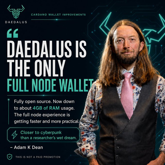 The image features a man with long hair wearing a vest and tie, standing against a dark background. The text above him reads "Daedalus is the only full node wallet on Cardano", indicating that this is a promotional post for the cardano wallet. The main focus of the image is the man's face, which is positioned in front of him with his hands at his sides.
