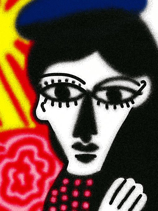 A stylized black, white, red, and yellow artistic illustration of a face with large expressive eyes featuring long lashes, set against a bold colorful background with abstract shapes.