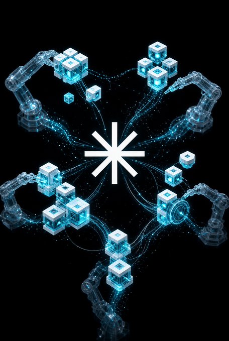 A digital illustration features glowing blue robotic arms and cubes connected by light streams arranged in a circular pattern around a central white asterisk symbol on a black background.