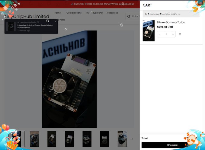 A screenshot of the TiChipHub Limited website showing a Bitaxe Gamma Turbo Bitcoin ASIC miner priced at $219.00 USD in the shopping cart, with an advertisement for a Litecoin Dogecoin Power Supply/Adapter.