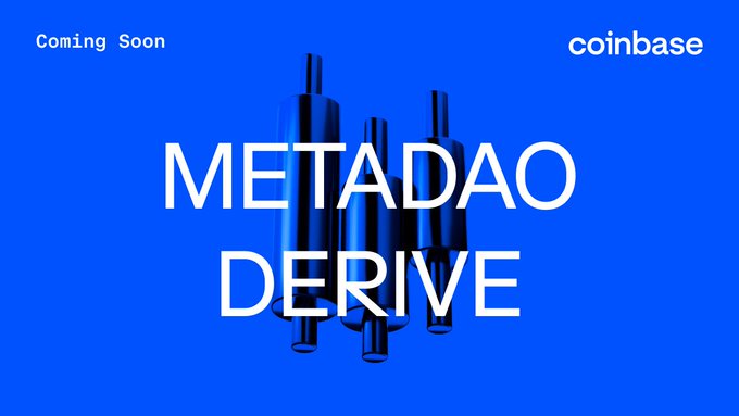 The image features a blue background with white text that reads "MetaDAO Derive" and "META-USD". The text also includes the words "coming soon", indicating that there are updates available for the opening of MetaDAO and Derive trading pairs.