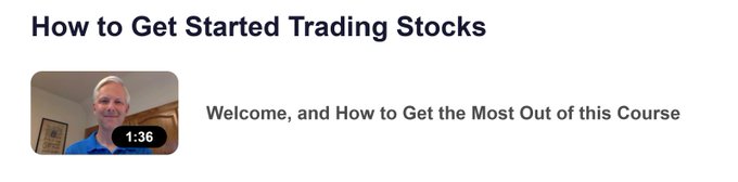 A course header titled "How to Get Started Trading Stocks" featuring a video thumbnail of a man in a blue shirt with a duration of "1:36", alongside the text "Welcome, and How to Get the Most Out of this Course".