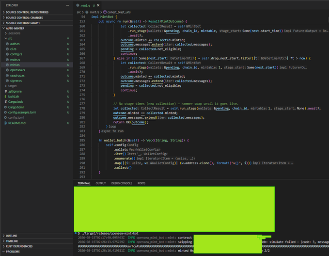 A screenshot of VS Code displaying Rust code for an NFT auto-minter (`mint.rs`) with a collection minting function and a green-highlighted terminal output showing the program running at the path `./target/release/openesea-mint-bot`. The code and output relate to the post by showcasing the underlying code of the "fastest NFT auto-minter ever recorded," designed to snipe mints and avoid dev changes with zero delays.