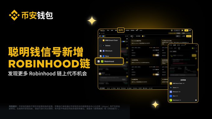 A promotional graphic for Binance Wallet (币安钱包) announcing the addition of the Robinhood chain to its smart money signal feature, with the text "聪明钱信号新增 ROBINHOOD链" and "发现更多 Robinhood 链上代币机会" displayed alongside app screenshots showing Robinhood listed among supported networks like BNB Smart Chain, Solana, Ethereum, and Base.