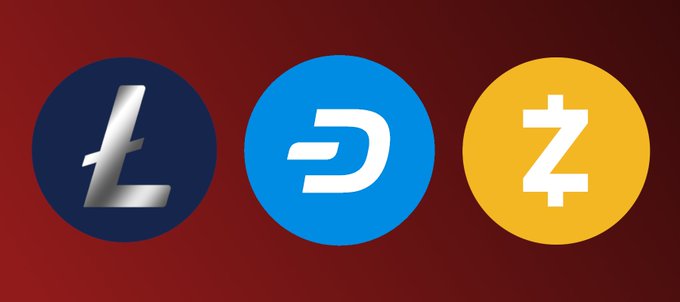 Three cryptocurrency logos displayed on a red gradient background: Litecoin (Ł) in a dark blue circle, DASH (D) in a light blue circle, and Zcash (z) in a yellow circle.