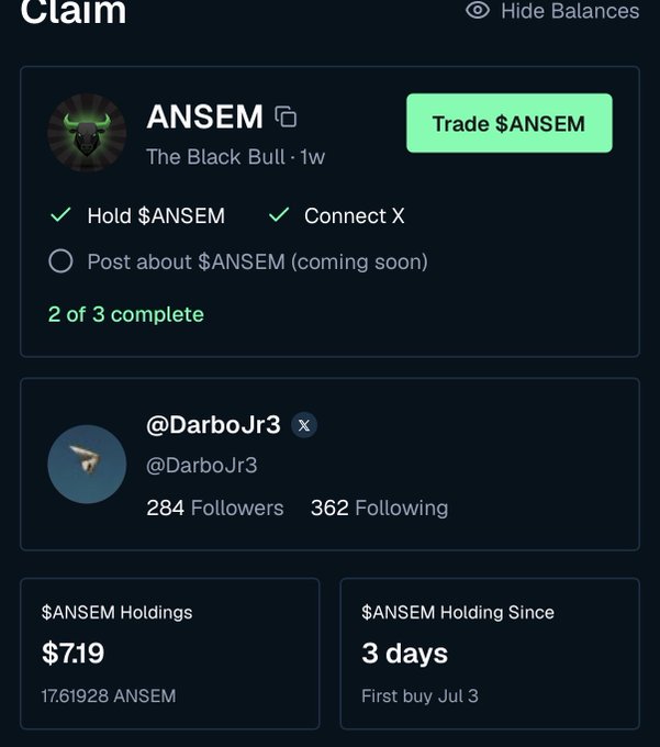 The image shows a BullpenFi claim interface for $ANSEM ("The Black Bull") with 2 of 3 tasks complete (Hold $ANSEM and Connect X), displaying @DarboJr3's profile with $7.19 in $ANSEM holdings (17.61928 tokens) held for 3 days since July 3rd. The "Post about $ANSEM" task remains unchecked, directly illustrating the user's complaint that their social media task verification isn't updating on the platform.