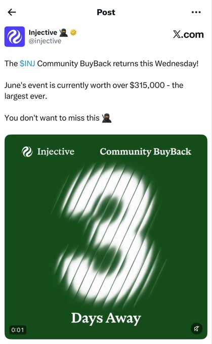 The image shows a social media post from Instagram featuring an advertisement for a community buyback event. The post includes a green background with white text that reads "I don't really have much to say about @injective today, noticed their community buyback is in 3 days... it's been a while since they introduced their community buyback system on October 24, 2025". The post also mentions the hashtag "#3daysaway" and provides an event date.