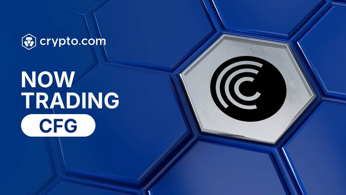 The image announces that Centrifuge ($CFG) is now available for trading on the Crypto.com App, featuring its logo and the ticker "$CFG".