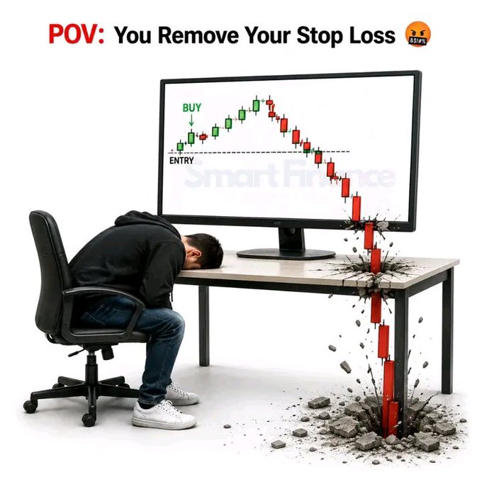 A meme depicting a person slumped over a desk in despair as red candlesticks crash through the monitor, with text reading 'POV: You Remove Your Stop Loss 😡'.
