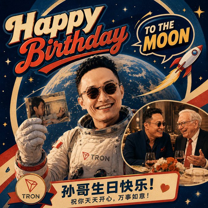 A retro-style birthday poster reads "Happy Birthday to the Moon" and "孙哥生日快乐！祝你天天开心，万事如意！" with the TRON logo, featuring a composite image of Justin Sun in an astronaut suit holding a childhood photo with Earth behind him, and a smaller inset of him dining with Warren Buffett, celebrating his Blue Origin spaceflight milestone.