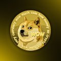 A Dogecoin cryptocurrency coin is displayed against a dark background, featuring the iconic Shiba Inu dog.