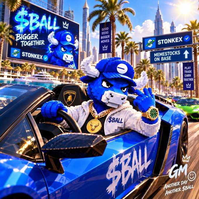 A meme featuring a blue pixelated bull mascot in a Lamborghini with '$BALL' and 'STONKEX' branding, alongside text reading 'BIGGER TOGETHER', 'MEMESTOCKS ON BASE', and 'GM Another day, another $BALL'.