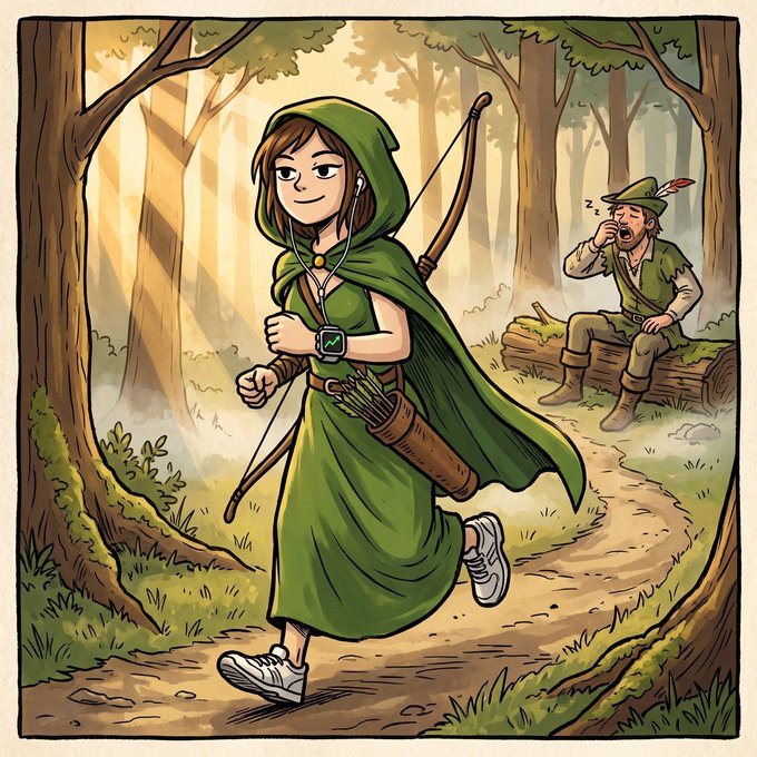 A hooded archer in green jogs through a sunlit forest trail wearing earbuds and a smartwatch, while a dozing ranger in the distance appears oblivious to her quiet contributions. The scene reflects the post's theme about "$MARIAN" being overlooked for early, behind-the-scenes work on the Robinhood Chain ecosystem.