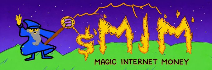 The image features a wizard-like figure holding a staff that transforms into flames spelling out "$MIM," with the tagline "MAGIC INTERNET MONEY" beneath it, all set against a starry purple night sky with green hills. This visual reinforces the post's promotion of $MIM as a meme coin, highlighting its unique airdrop feature of distributing 50% of its supply to top Ansem holders.