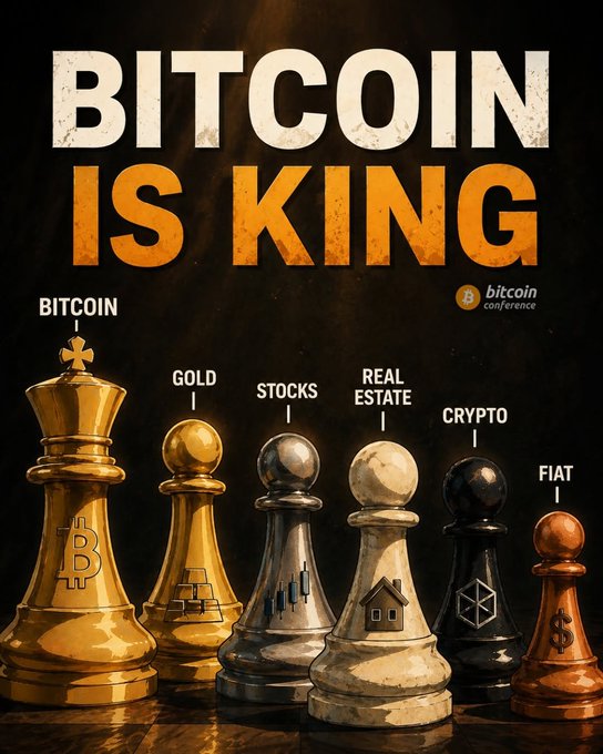 The image features a collection of five chess pieces, each representing a different aspect of Bitcoin or cryptocurrency. These chess pieces are positioned in front of a black background with white text that reads "BITCOIN IS KING". The chess pieces include a gold king piece on top, followed by a silver queen piece, and then a black knight piece, a bronze bishop piece, and finally a brown pawn piece at the bottom right corner.