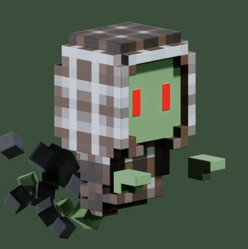 A voxel/blocky 3D rendering of a small hooded creature with green skin, red eyes, and dark claw-like hands floating against a green background.