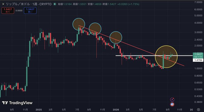 A TradingView candlestick chart for XRP/USD (リップル/米ドル) showing a downtrend with price around 1.5427 and a 1.73% increase.