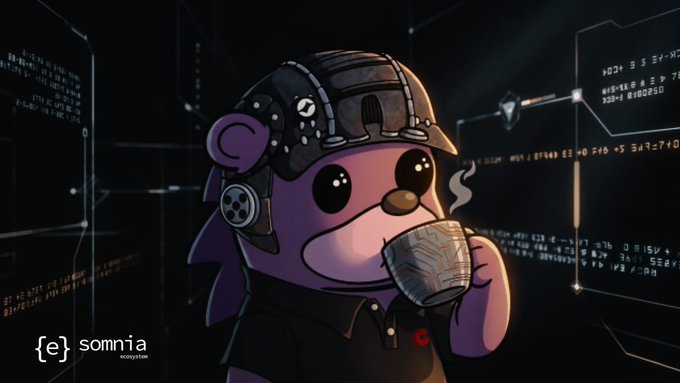 A purple cartoon bear character wearing a tactical helmet and headset enjoys a steaming cup of coffee against a backdrop of glowing code and data streams, with "somnia" branding visible at the bottom. The image captures a relatable "coffee break" moment, fitting the post's playful reference to taking a pause during a build, with the cozy coffee detail contrasting the high-tech cyberpunk aesthetic.
