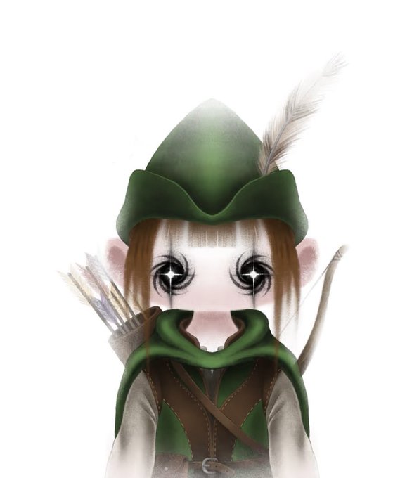 An anime-style illustration of a cute character wearing a green feathered hat and cloak, with large teary eyes and a quiver of arrows on their back.