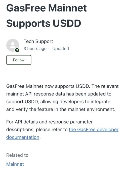 The image shows a tech support announcement titled "GasFree Mainnet Supports USDD," stating that the GasFree Mainnet now supports USDD with updated API response data for developer integration, alongside a post celebrating USDD gaining zero-gas transfer functionality on TRON as the second stablecoin to receive this feature after USDT.

Caption: GasFree Mainnet announcement confirming USDD support, aligning with TRON's expansion of zero-gas transfer functionality to its second stablecoin.