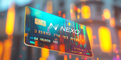 A glowing NEXO credit card displayed against a blurred bokeh background with warm orange lights.