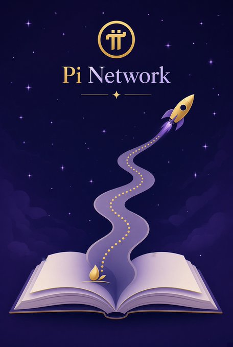 A promotional graphic for 'Pi Network' featuring its logo at the top, with an illustration of a book opening as a rocket launches from its pages into a starry night sky.