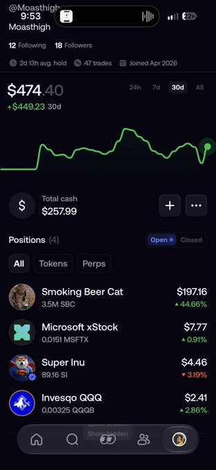 A Moast-high trading portfolio screenshot showing $474.40 total value (+$449.23, 30d) with positions including Smoking Beer Cat ($197.16), Microsoft xStock ($7.77), Super Inu ($4.46), and Invesco QQQ ($2.41).