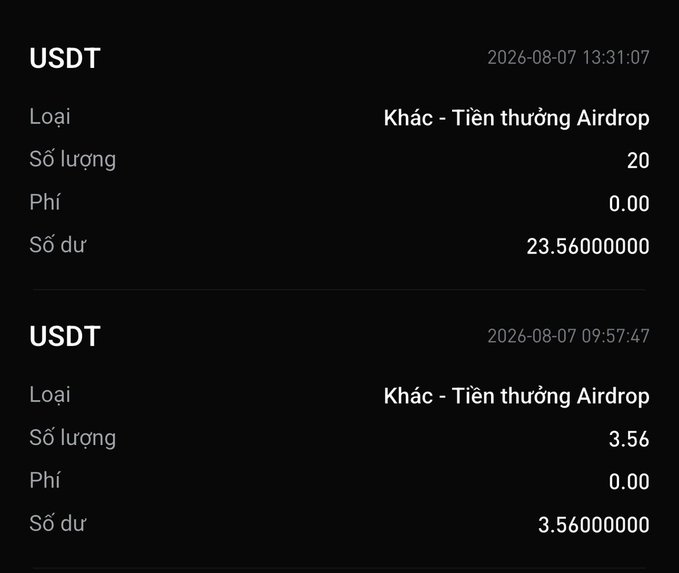 A screenshot of USDT transaction history in Vietnamese, showing two 'Tiền thưởng Airdrop' (Airdrop Bonus) transactions dated 2026-08-07.