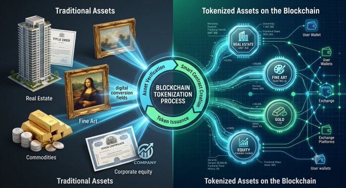 An infographic depicting the blockchain tokenization process, showing traditional assets like real estate, fine art, commodities, and corporate equity being converted into tokenized digital assets on the blockchain.