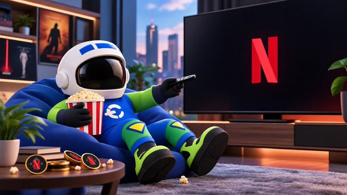 A cartoon astronaut in a blue suit relaxes on a beanbag chair in a modern living room, holding a popcorn bucket and pointing a remote at a large TV displaying the Netflix "N" logo. The scene visually reinforces the post's message about Netflix ($NFLX) as an entertainment giant by depicting a cozy, cinematic viewing experience that symbolizes the company's evolution from DVD rentals to a streaming powerhouse.